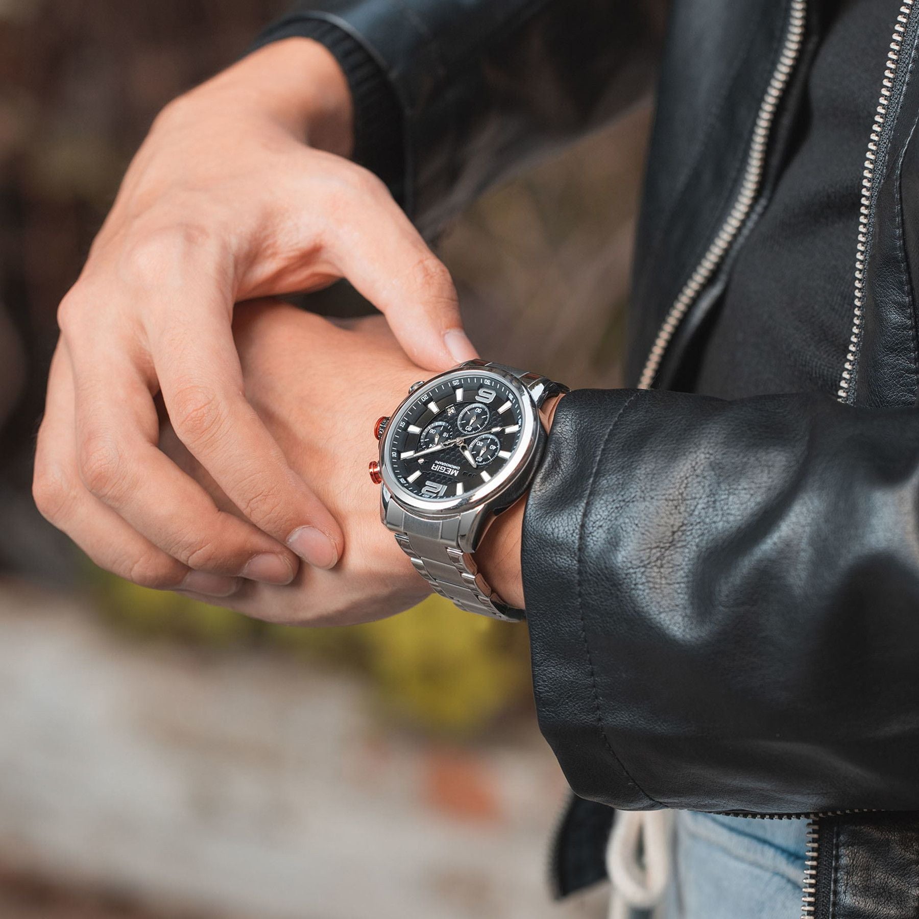 Megir men's business chronograph watch in stainless steel with luminous hands and a dark dial — view 3