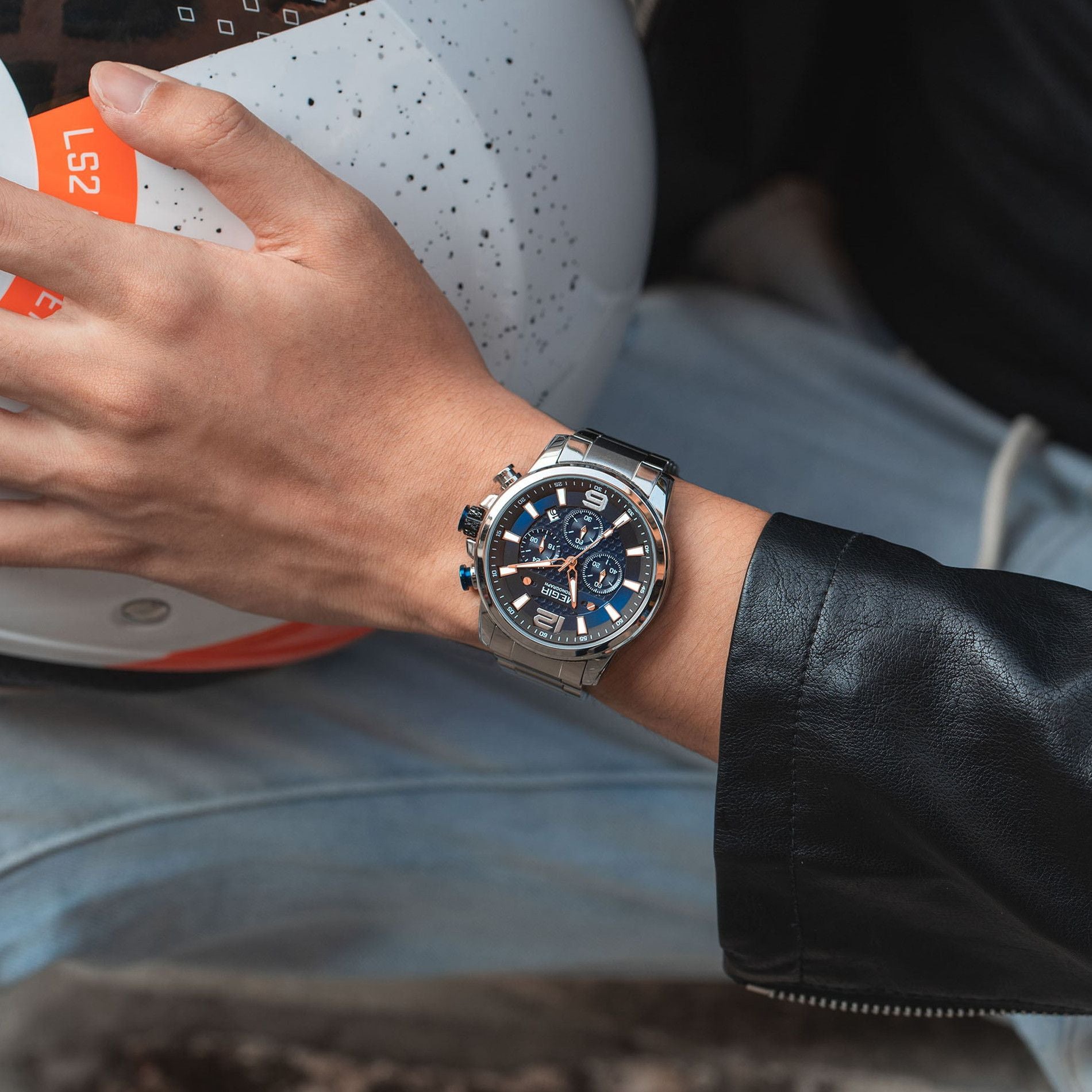 Megir men's business chronograph watch in stainless steel with luminous hands and a dark dial — view 4