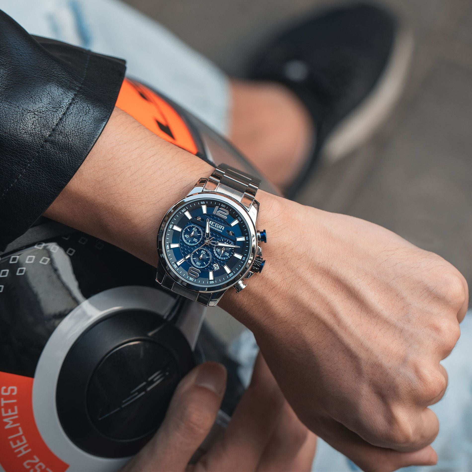 Megir men's business chronograph watch in stainless steel with luminous hands and a dark dial — view 2