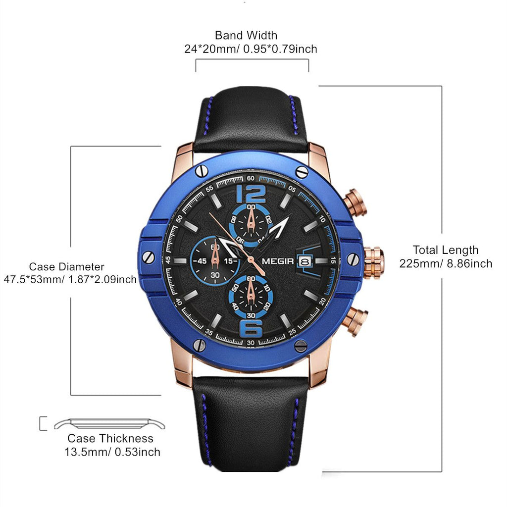 MEGIR men's quartz chronograph watch with a genuine leather strap and zinc alloy case — view 4