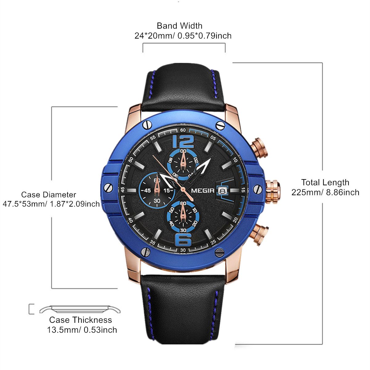 MEGIR men's quartz chronograph watch with a genuine leather strap and zinc alloy case — view 4