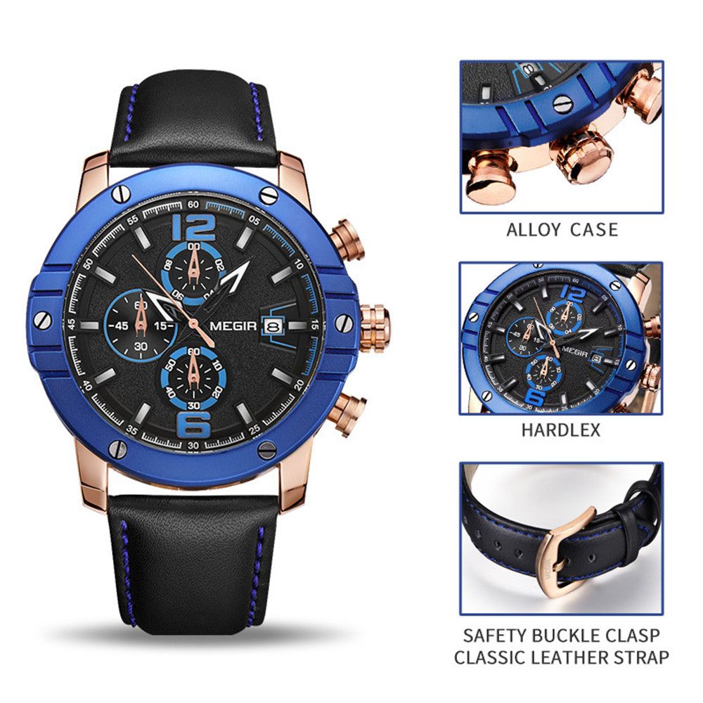 MEGIR men's quartz chronograph watch with a genuine leather strap and zinc alloy case — view 7