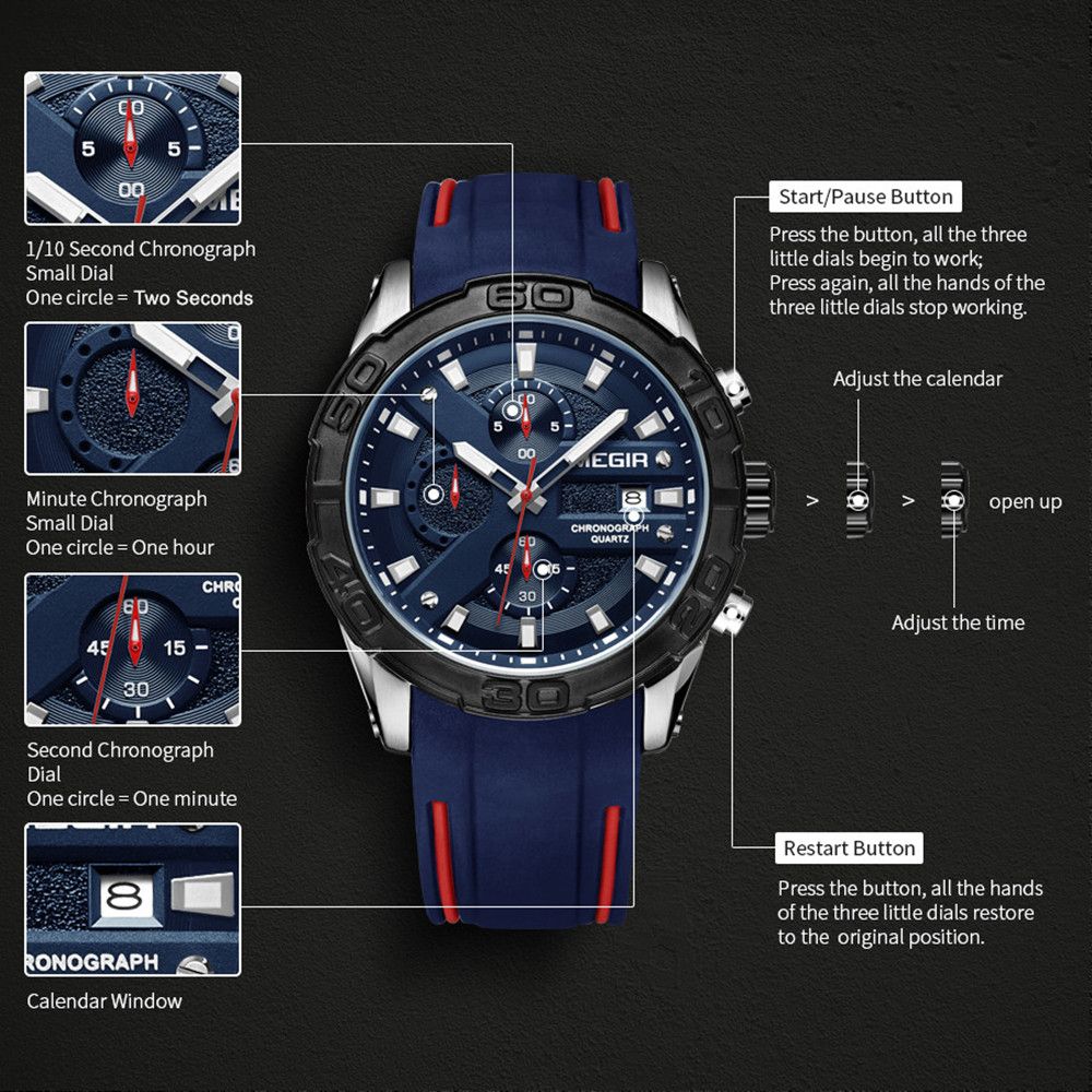 MEGIR Fashion Men's Sport Watches Silicone Strap Military Quartz Wristwatch Clock Waterproof Male Chronograph Montre Homme 2055-7