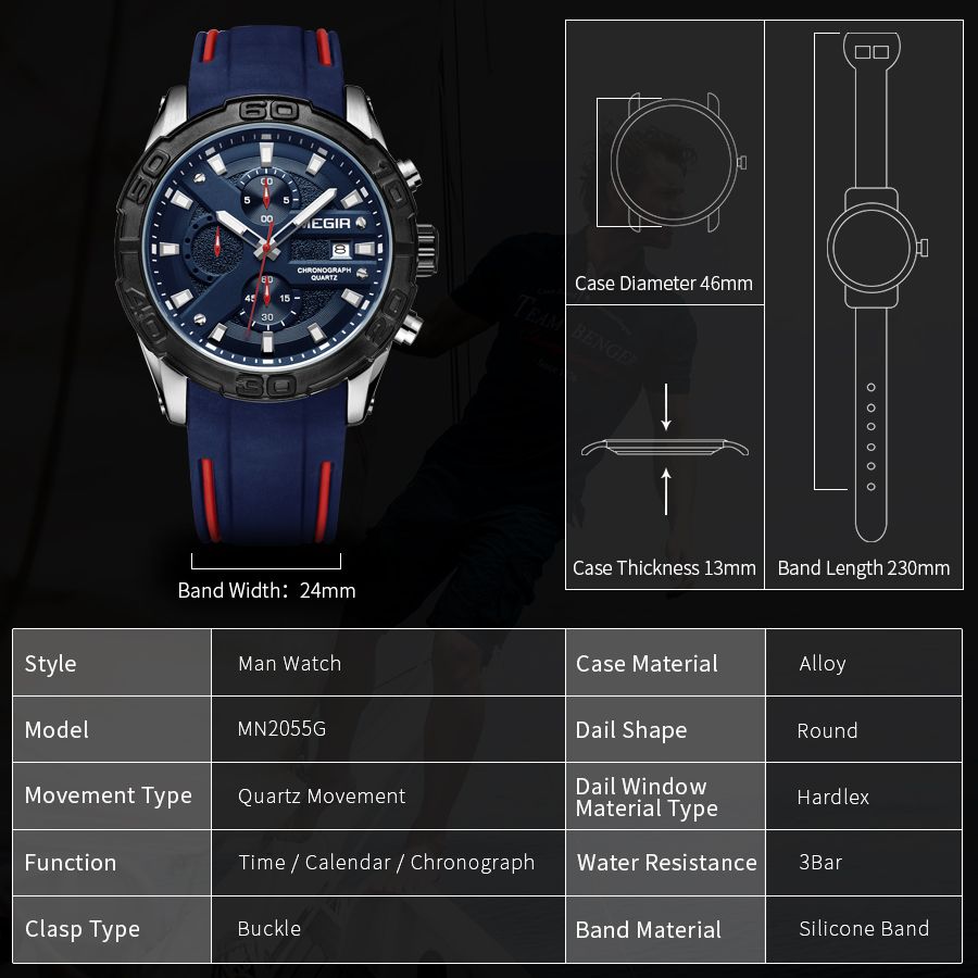 MEGIR Fashion Men's Sport Watches Silicone Strap Military Quartz Wristwatch Clock Waterproof Male Chronograph Montre Homme 2055-8