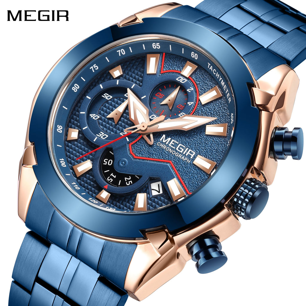 Megir men's stainless steel luxury business watch with large dial and luminous hands