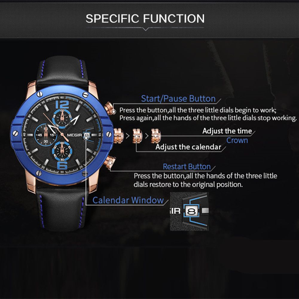 MEGIR men's quartz chronograph watch with a genuine leather strap and zinc alloy case — view 5