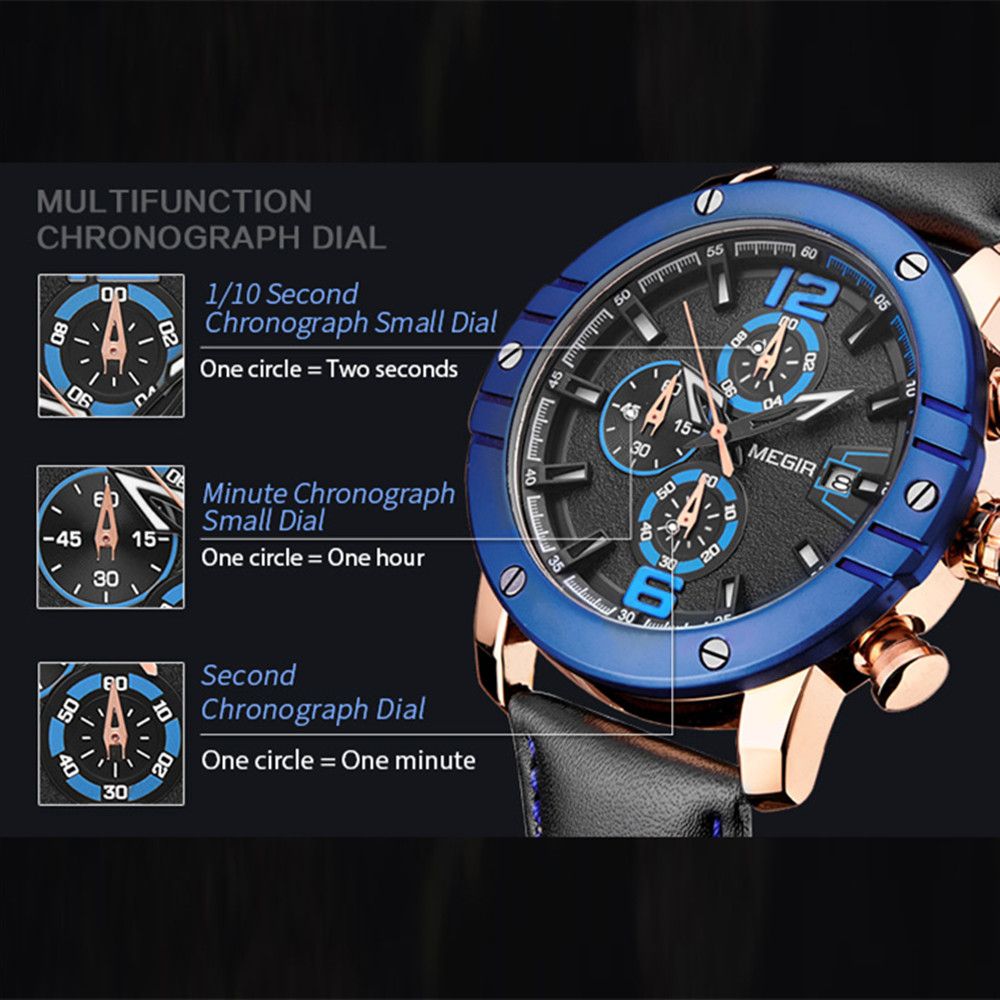 MEGIR men's quartz chronograph watch with a genuine leather strap and zinc alloy case — view 6
