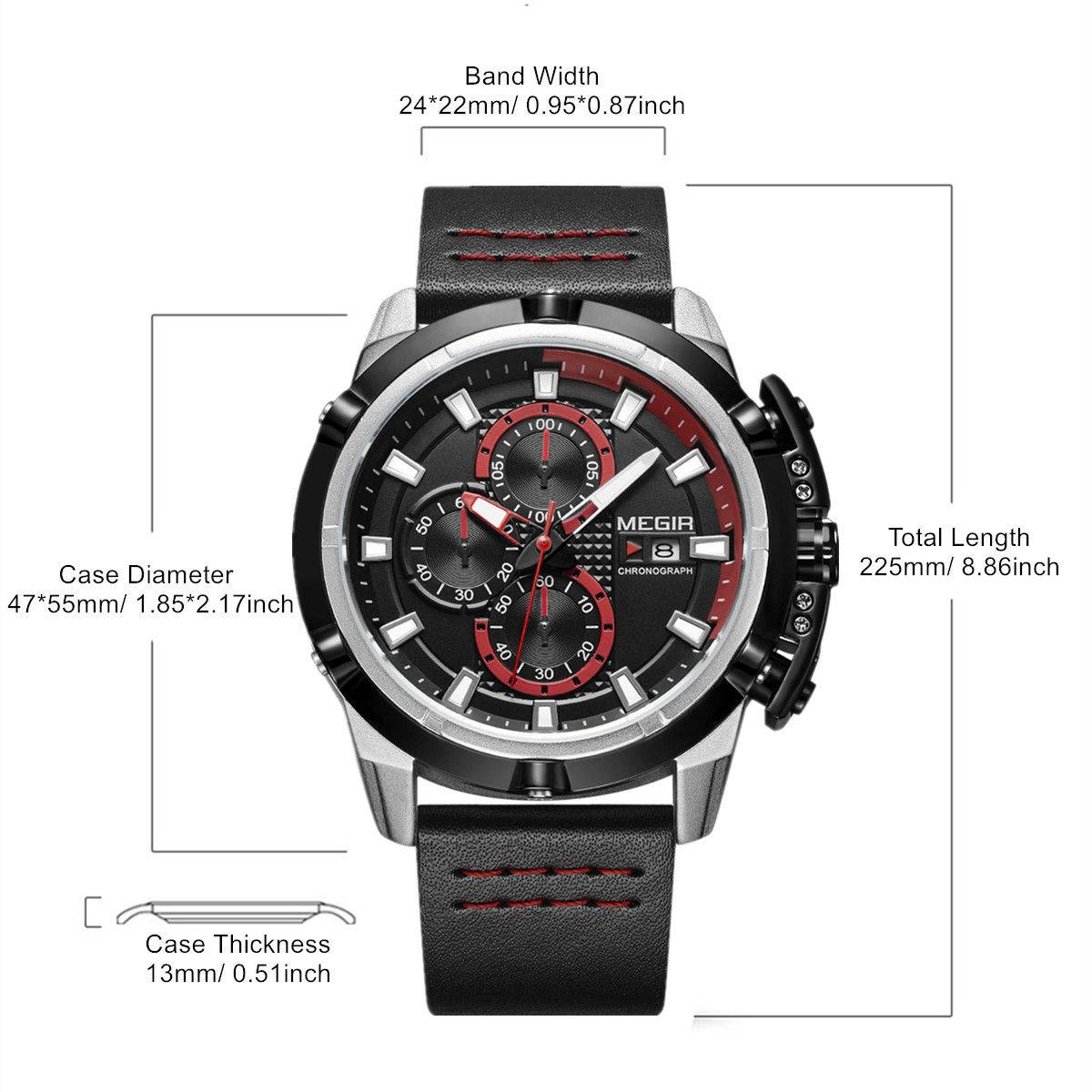 MEGIR men's chronograph watch featuring a 47mm zinc alloy case and genuine leather strap. — view 10