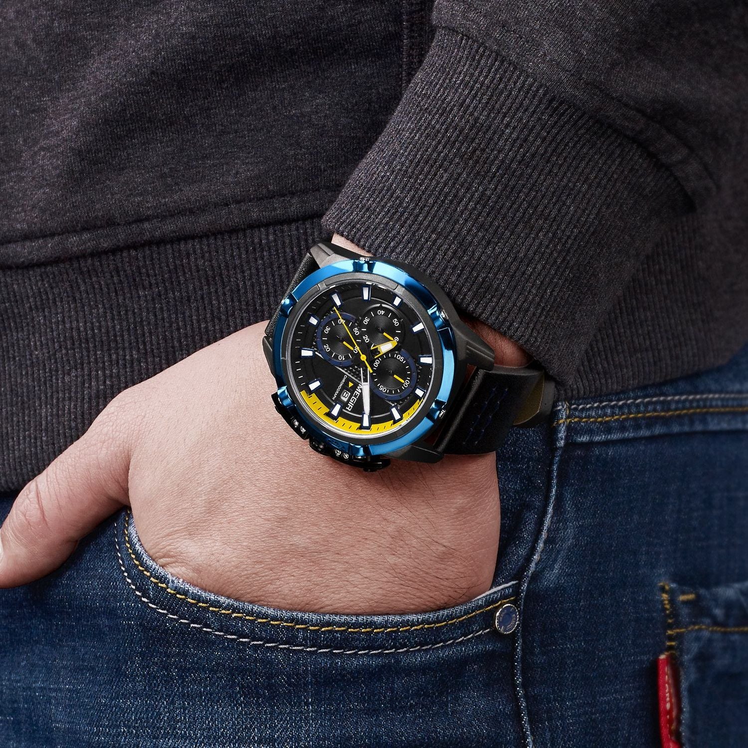 MEGIR men's chronograph watch featuring a 47mm zinc alloy case and genuine leather strap. — view 4