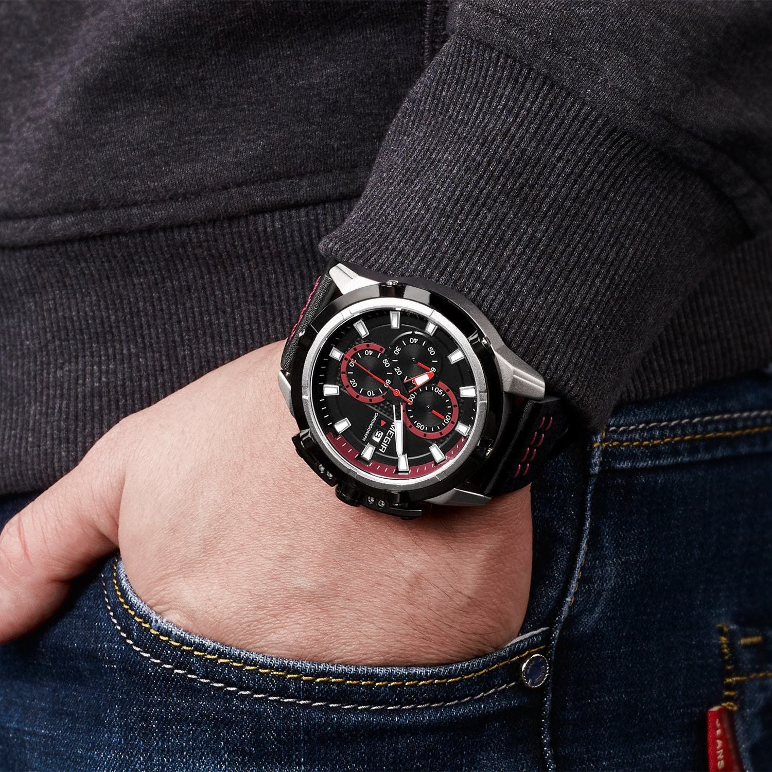 MEGIR men's chronograph watch featuring a 47mm zinc alloy case and genuine leather strap. — view 3