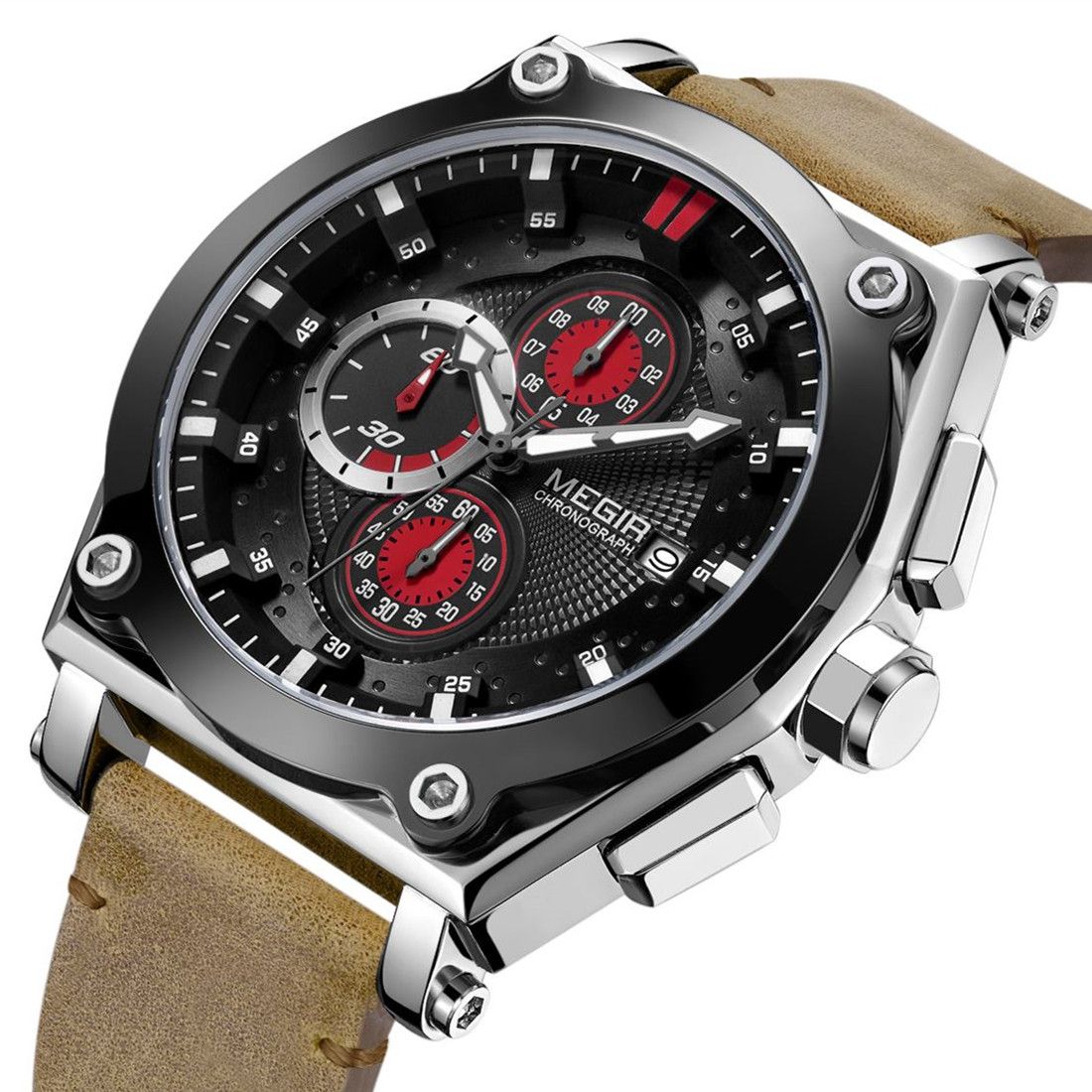 MEGIR Luxury Quartz Men Watch Multifunction Leather Strap Sport Chronograph Waterproof Man Wristwatch Clock Montre Homme 2098-11
