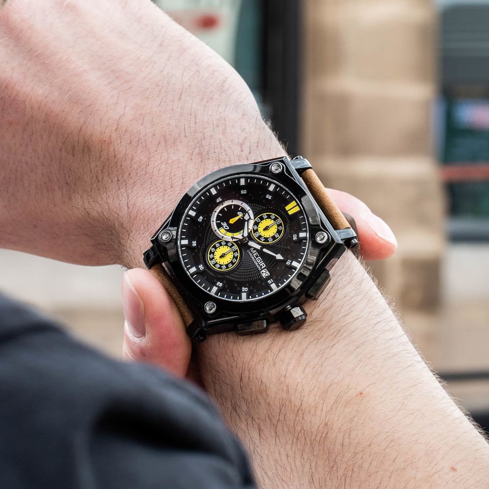 MEGIR Luxury Quartz Men Watch Multifunction Leather Strap Sport Chronograph Waterproof Man Wristwatch Clock Montre Homme 2098-2