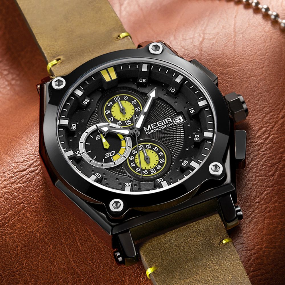 MEGIR Luxury Quartz Men Watch Multifunction Leather Strap Sport Chronograph Waterproof Man Wristwatch Clock Montre Homme 2098-4