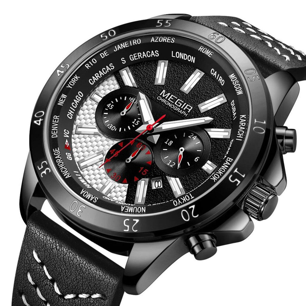 MEGIR Men Sport Watch Luxury Leather Strap Casual Quartz Chronograph Waterproof Luminous Male Wristwatch Relogio Masculino 2103-11
