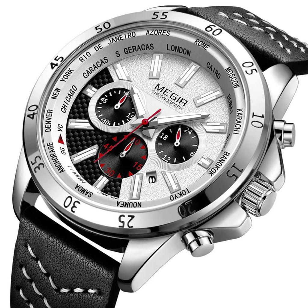 MEGIR Men Sport Watch Luxury Leather Strap Casual Quartz Chronograph Waterproof Luminous Male Wristwatch Relogio Masculino 2103-10