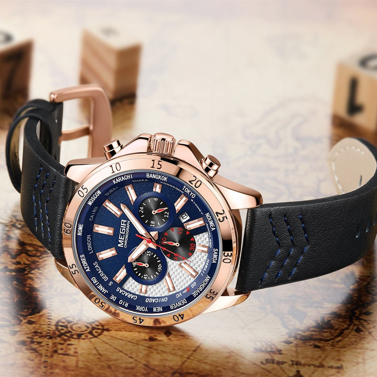 MEGIR Men Sport Watch Luxury Leather Strap Casual Quartz Chronograph Waterproof Luminous Male Wristwatch Relogio Masculino 2103-4