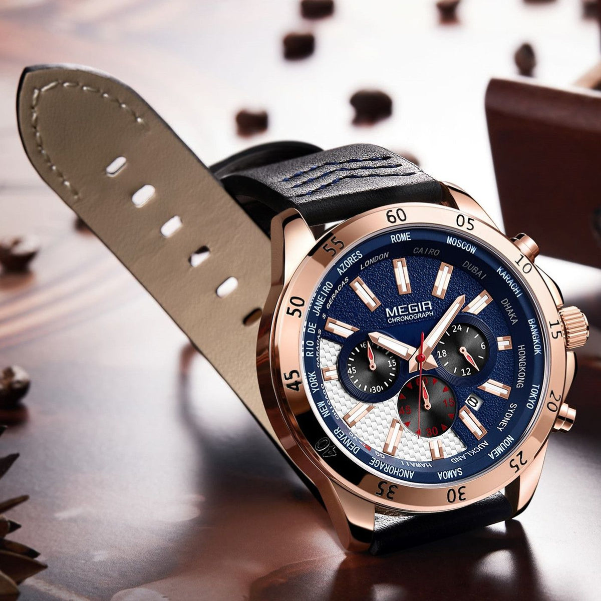 MEGIR Men Sport Watch Luxury Leather Strap Casual Quartz Chronograph Waterproof Luminous Male Wristwatch Relogio Masculino 2103-3