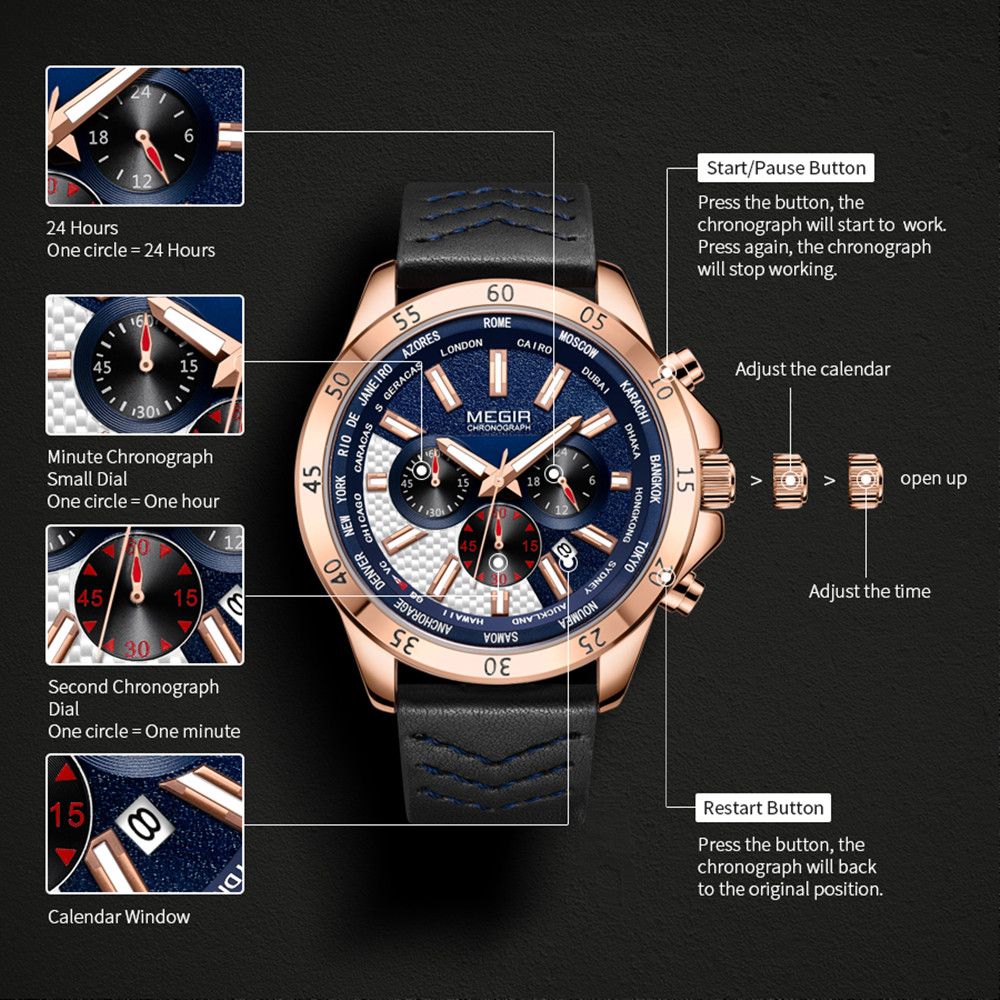 MEGIR Men Sport Watch Luxury Leather Strap Casual Quartz Chronograph Waterproof Luminous Male Wristwatch Relogio Masculino 2103-6