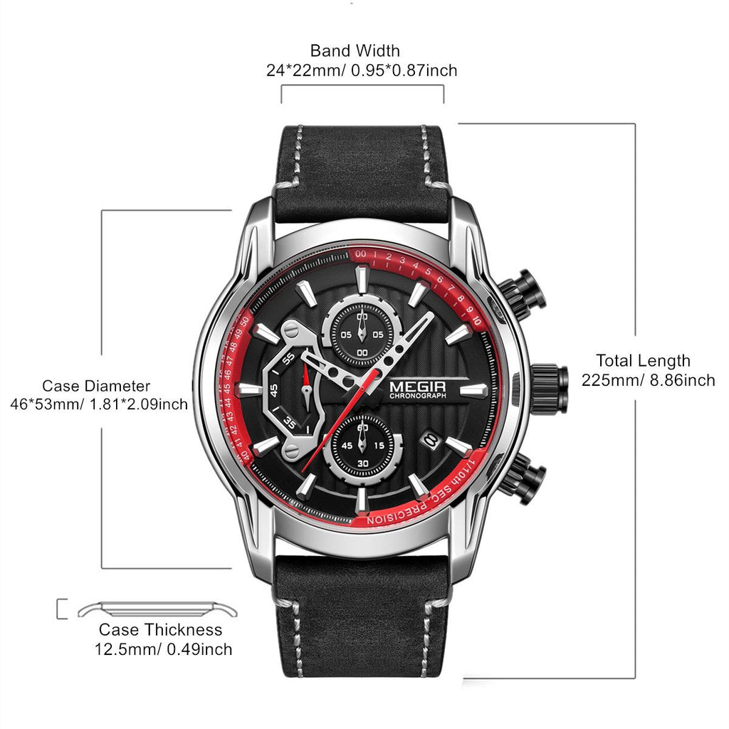 MEGIR Men's Watches Waterproof Luminous Sports Wristwatch Fashion Leather Strap Quartz Chronograph Clock Date Gift for Man 2104-6