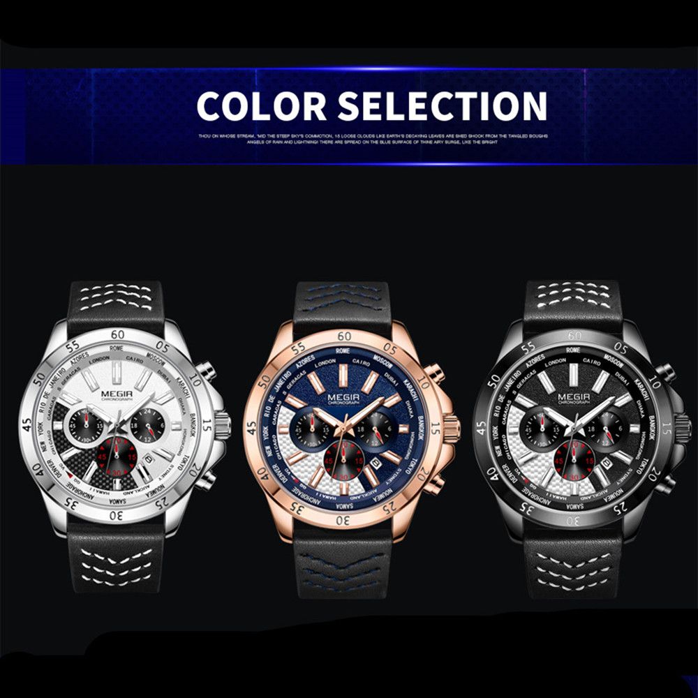 MEGIR Men Sport Watch Luxury Leather Strap Casual Quartz Chronograph Waterproof Luminous Male Wristwatch Relogio Masculino 2103-5