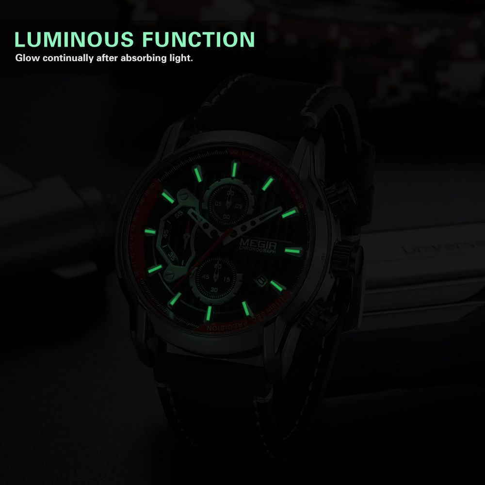 MEGIR Men's Watches Waterproof Luminous Sports Wristwatch Fashion Leather Strap Quartz Chronograph Clock Date Gift for Man 2104-4