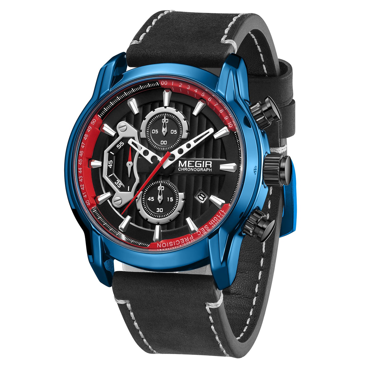 MEGIR Men's Watches Waterproof Luminous Sports Wristwatch Fashion Leather Strap Quartz Chronograph Clock Date Gift for Man 2104-8