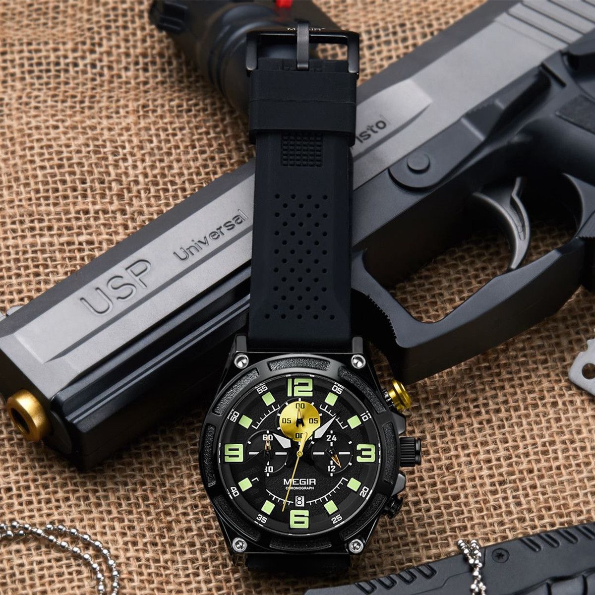 MEGIR Chronograph Luxury Military Sport Watches for Men Waterproof Calendar Silicone Man Quartz Wristwatch Reloj Hombre 2116-3