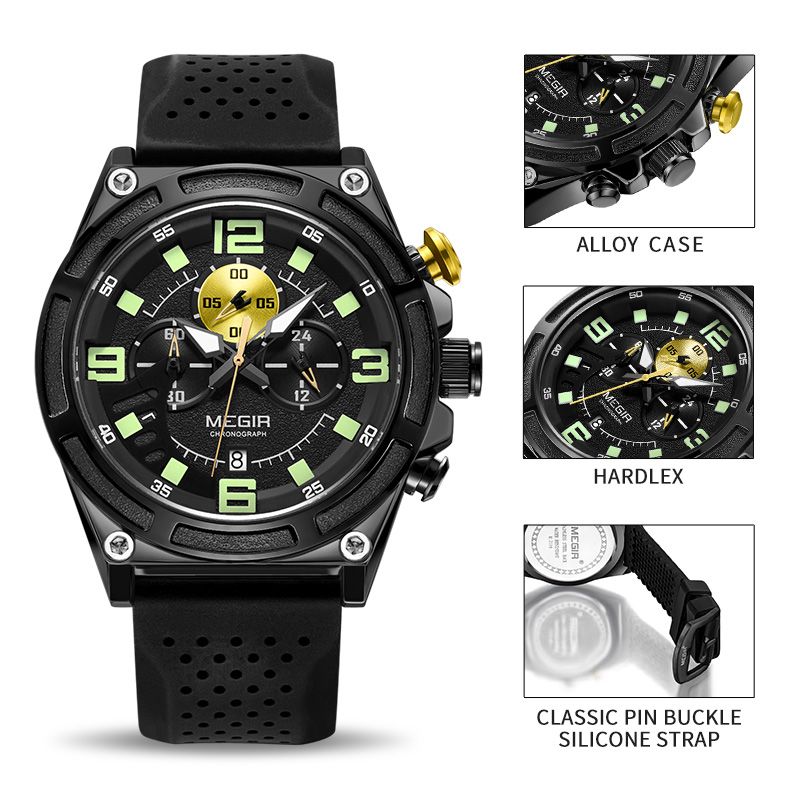 MEGIR Chronograph Luxury Military Sport Watches for Men Waterproof Calendar Silicone Man Quartz Wristwatch Reloj Hombre 2116-9