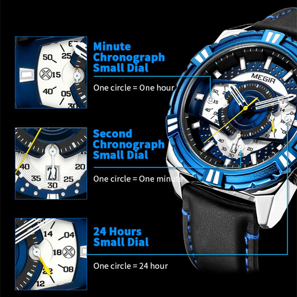 MEGIR men's casual sport watch with genuine leather strap and chronograph dial — view 10