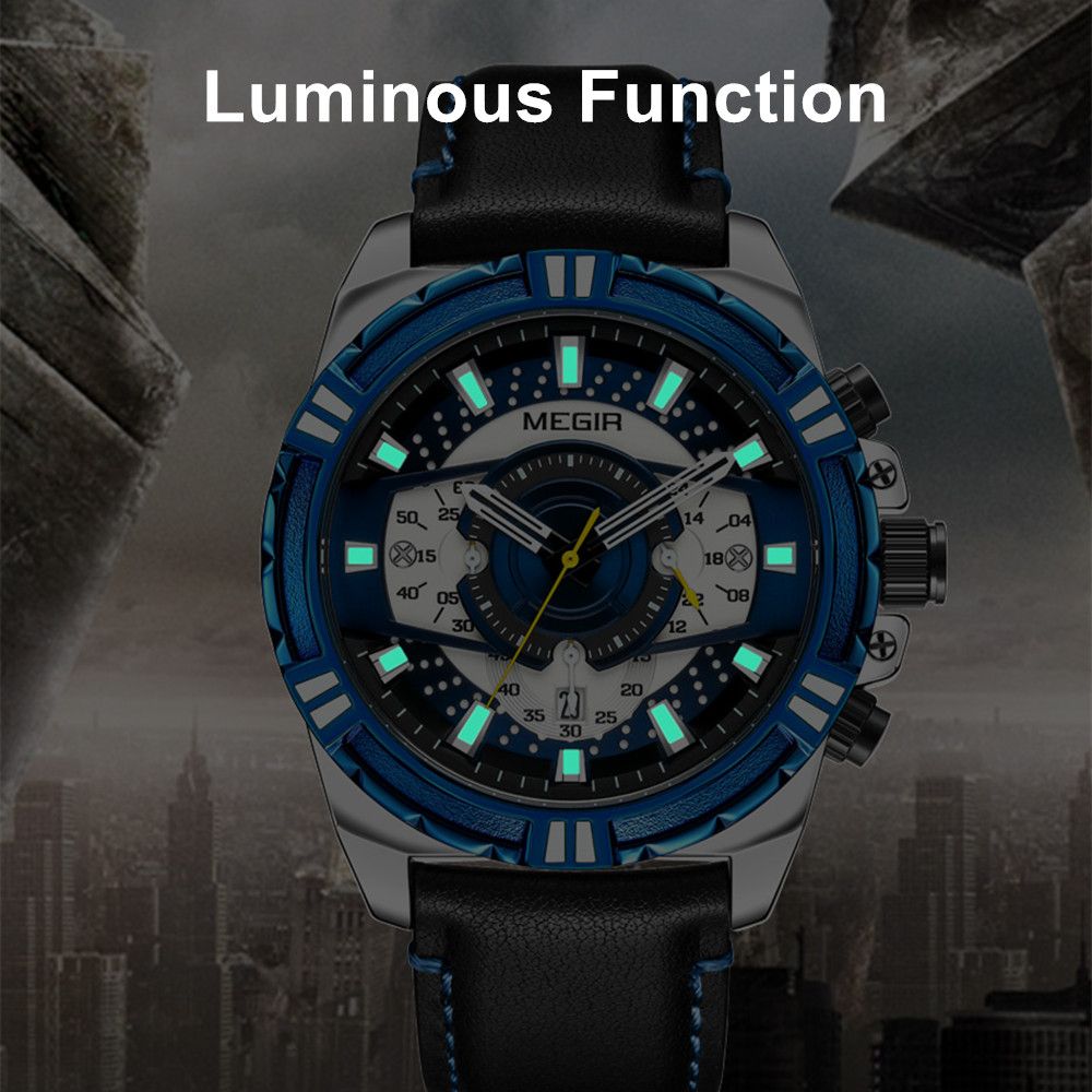 MEGIR men's casual sport watch with genuine leather strap and chronograph dial — view 8
