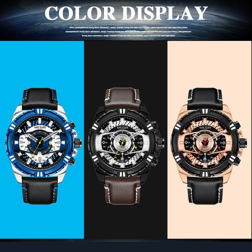 MEGIR men's casual sport watch with genuine leather strap and chronograph dial — view 9