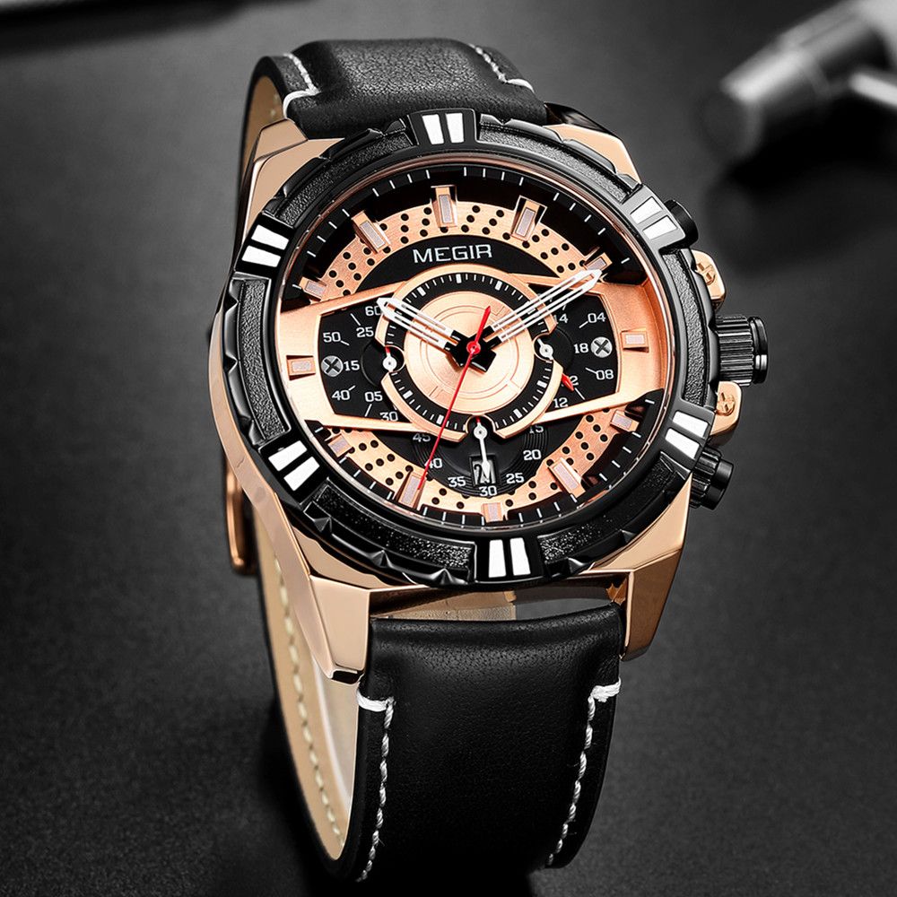 MEGIR men's casual sport watch with genuine leather strap and chronograph dial — view 5
