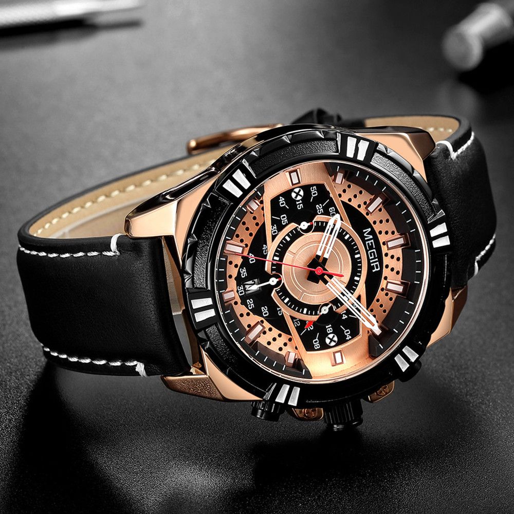 MEGIR men's casual sport watch with genuine leather strap and chronograph dial — view 6