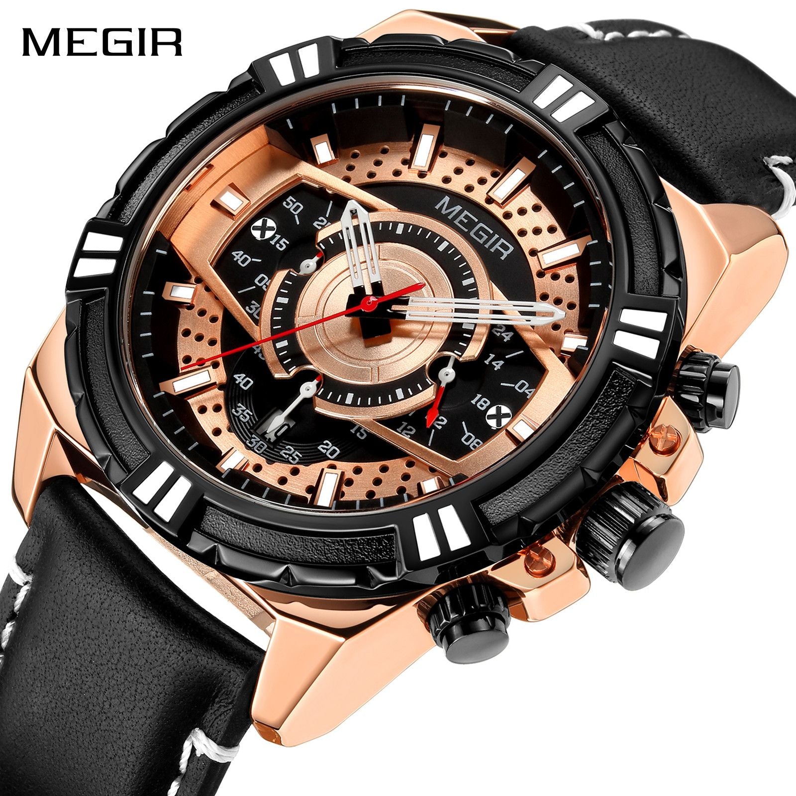 MEGIR men's casual sport watch with genuine leather strap and chronograph dial
