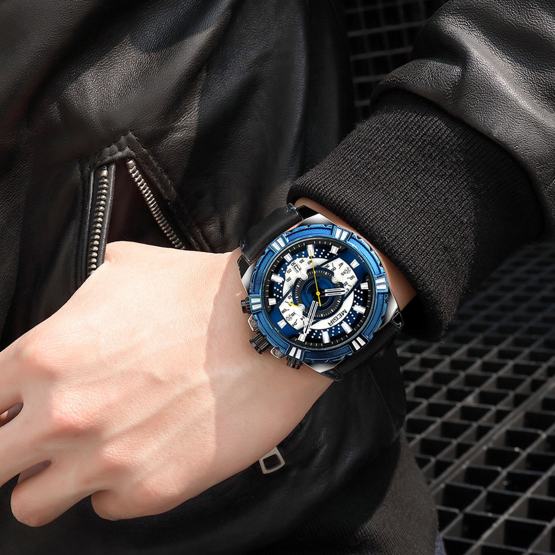 MEGIR men's casual sport watch with genuine leather strap and chronograph dial — view 4