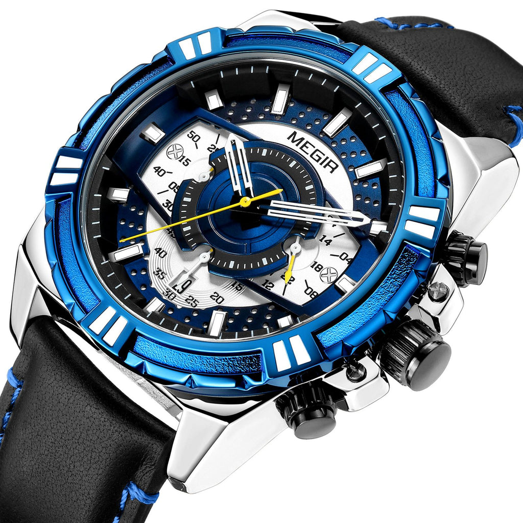 MEGIR men's casual sport watch with genuine leather strap and chronograph dial — view 13