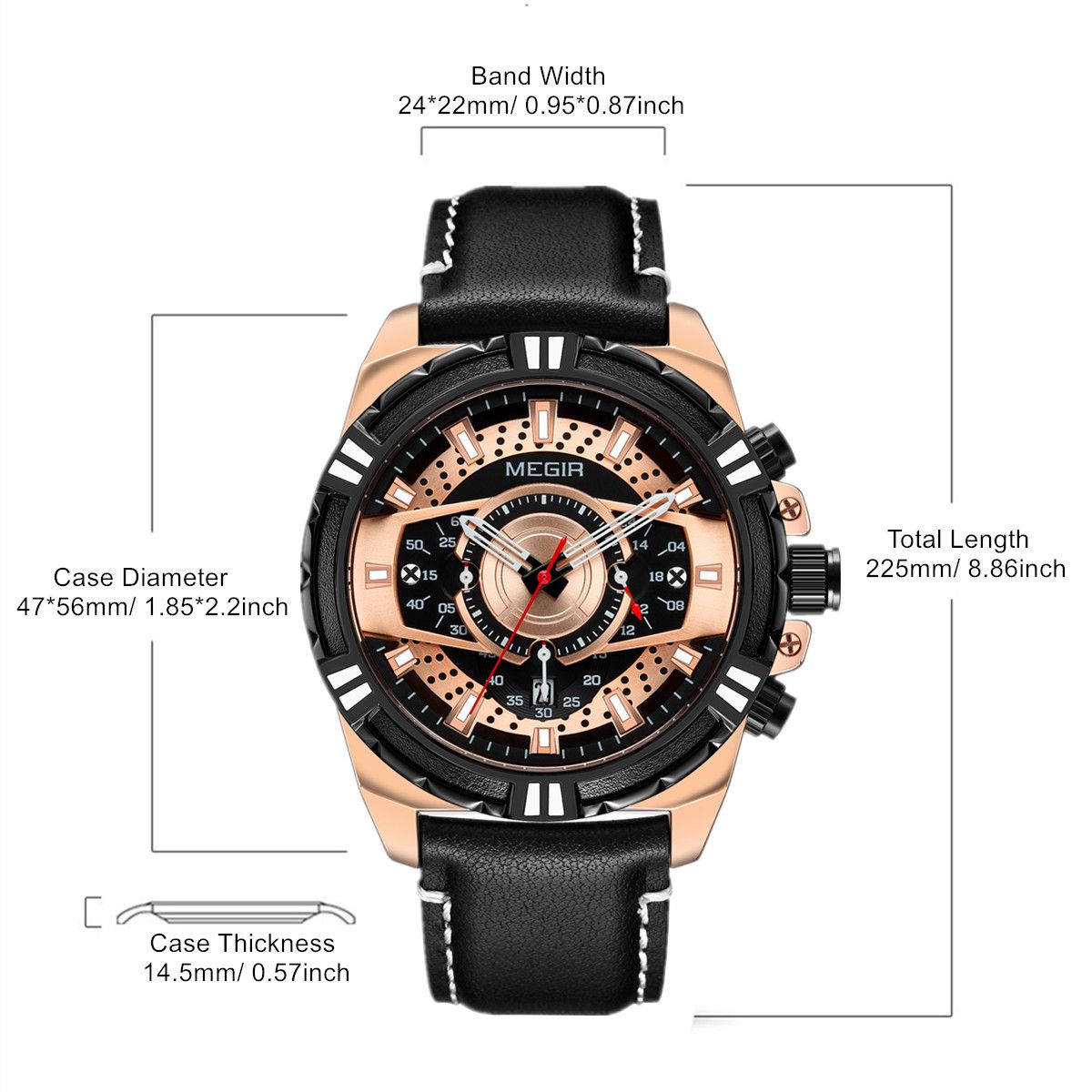 MEGIR men's casual sport watch with genuine leather strap and chronograph dial — view 12