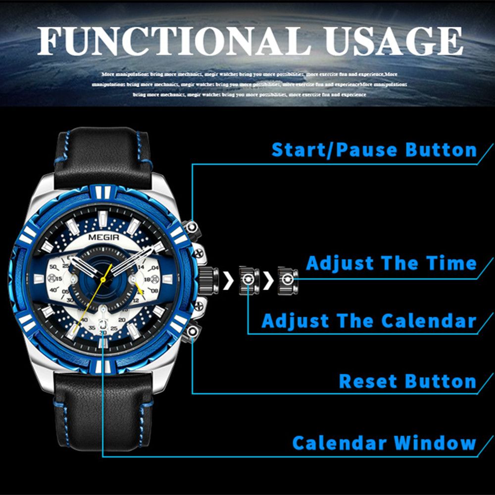 MEGIR men's casual sport watch with genuine leather strap and chronograph dial — view 11