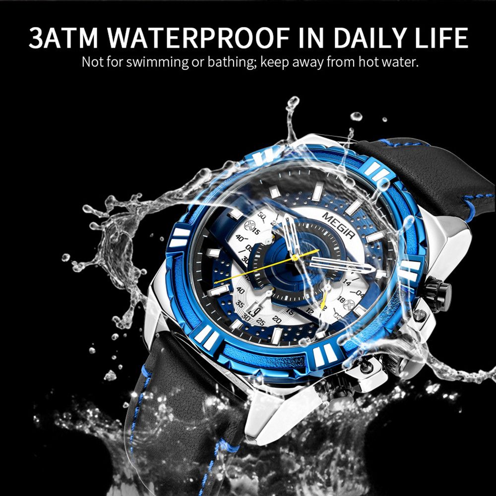 MEGIR men's casual sport watch with genuine leather strap and chronograph dial — view 7