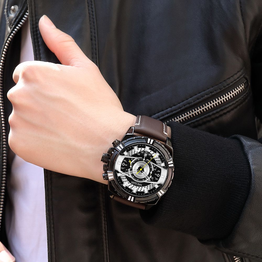 MEGIR men's casual sport watch with genuine leather strap and chronograph dial — view 3