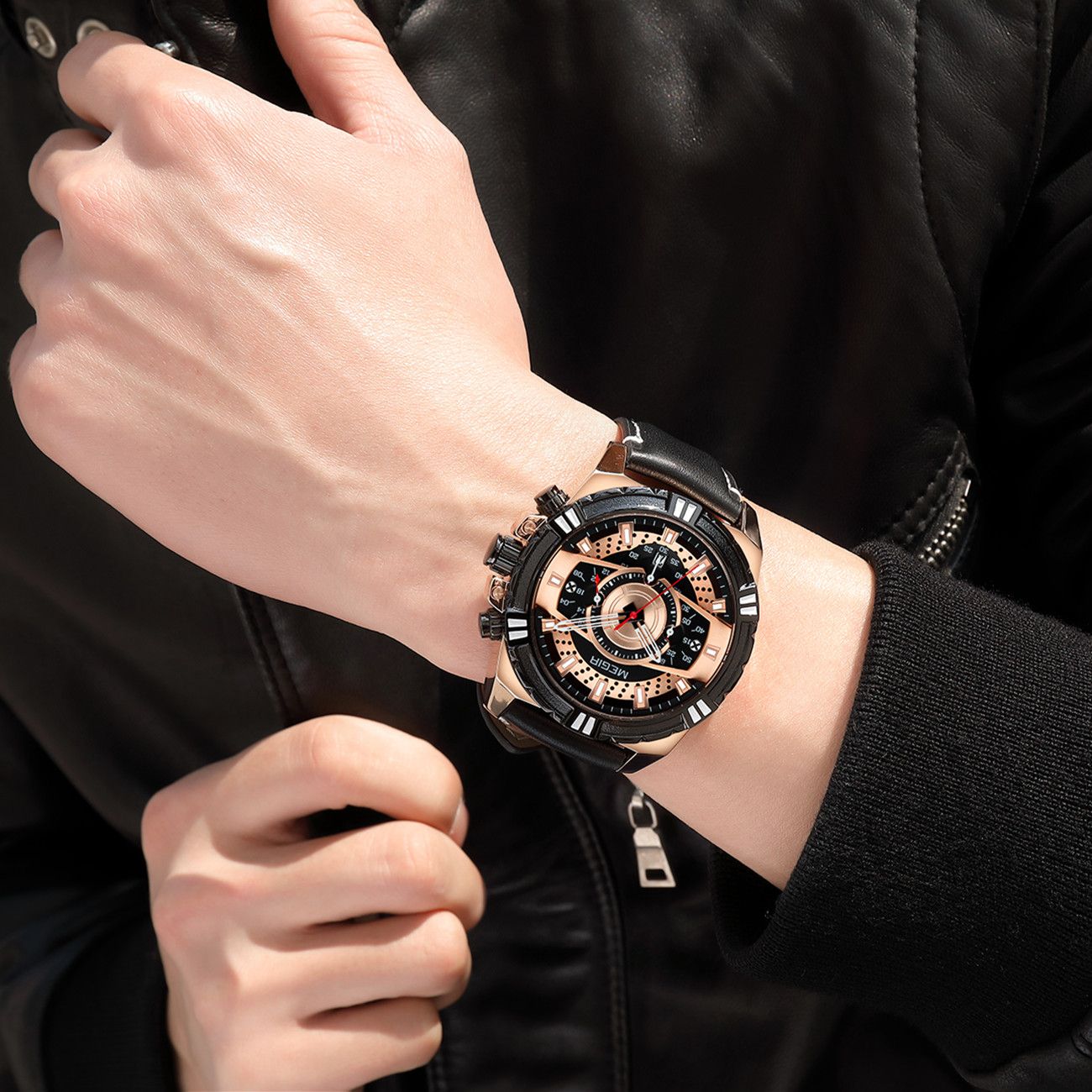 MEGIR men's casual sport watch with genuine leather strap and chronograph dial — view 2