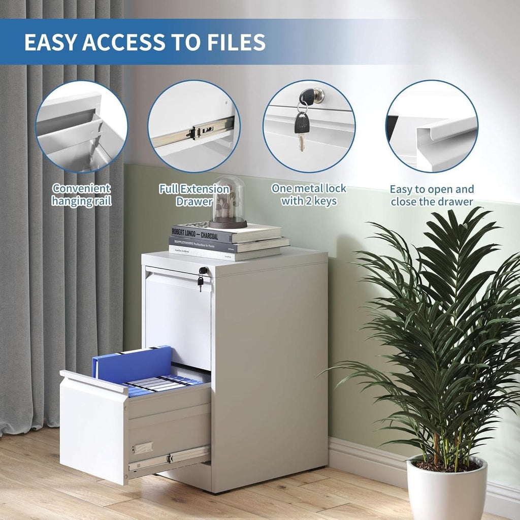 White 2-drawer metal vertical file cabinet with secure lock for home office document storage — view 5