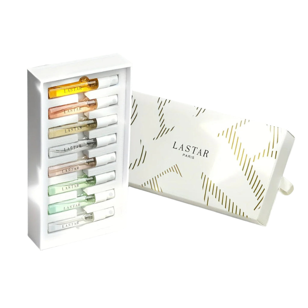 8pc perfume gift set with miniature glass bottles inside an elegant presentation box