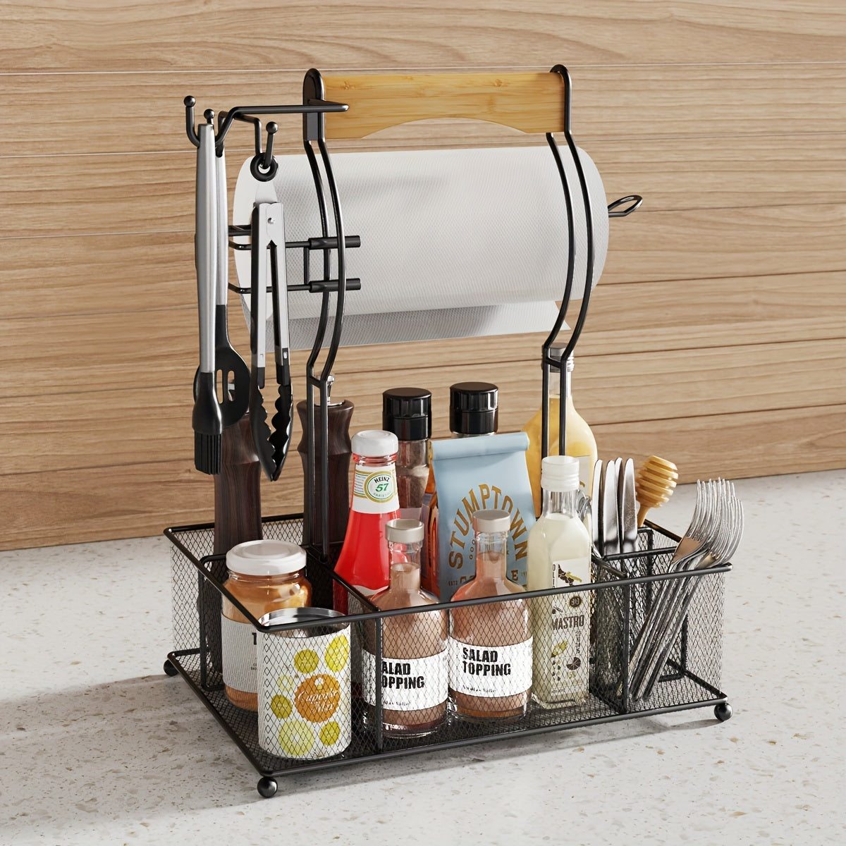 Black metal grill caddy organizer with condiment compartments and a built-in paper towel holder — view 4