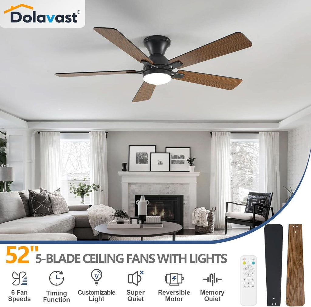 52-inch black smart ceiling fan with dimmable LED light and reversible walnut finish plywood blades — view 2