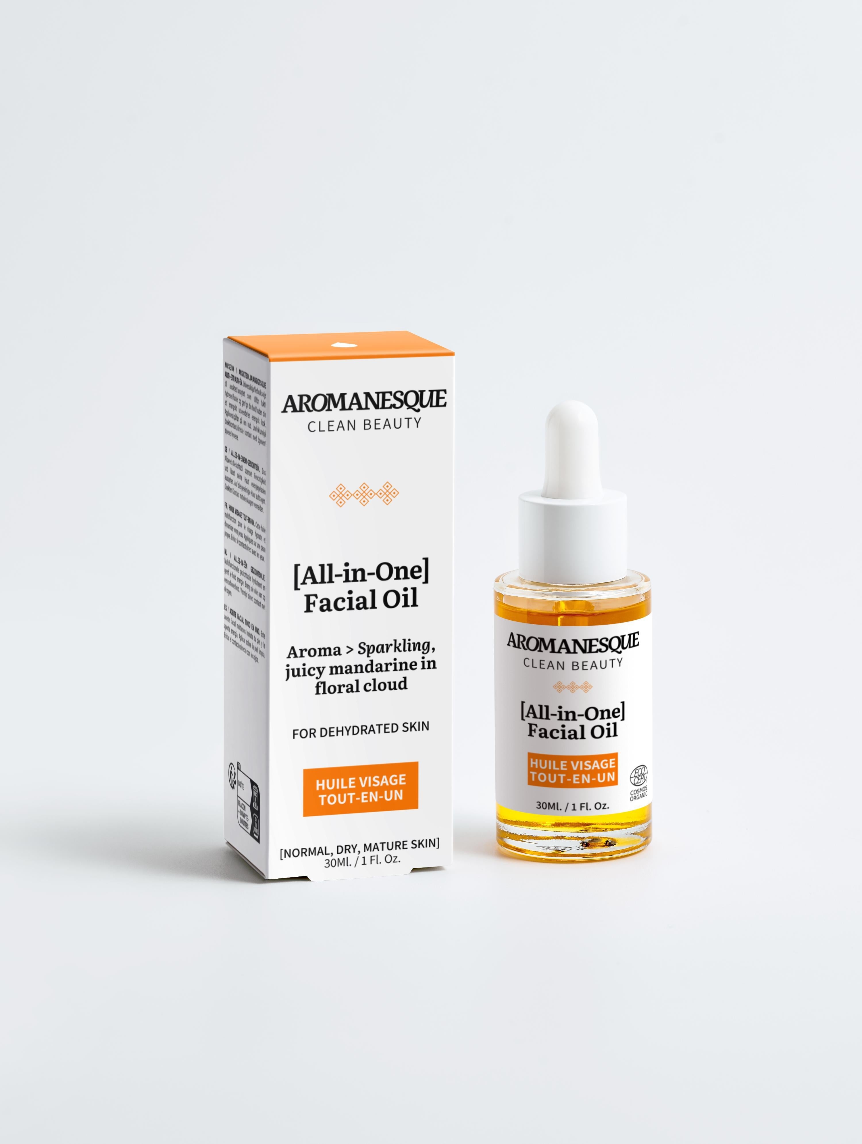 Aromanesque all-in-one facial oil in a minimalist white bottle for hydrating dry and mature skin