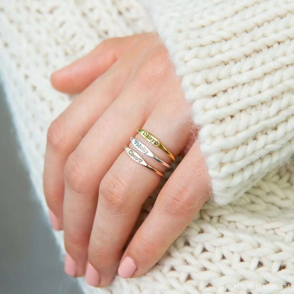 Delicate personalized tiny name ring in 18k gold with a smooth minimalist band — view 5