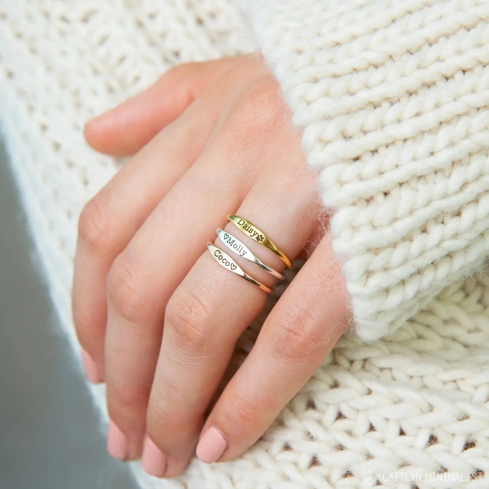 Delicate personalized tiny name ring in 18k gold with a smooth minimalist band — view 5