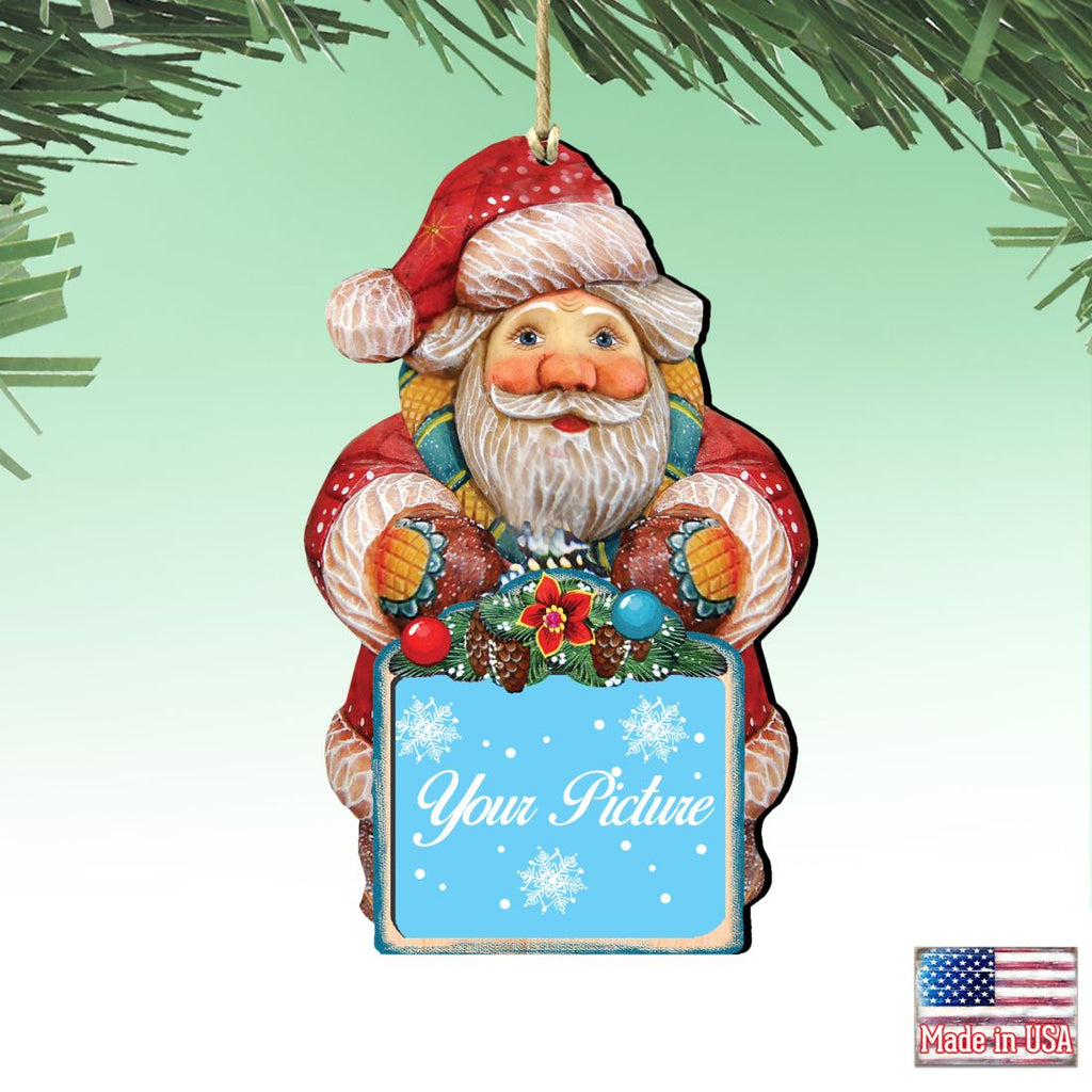 Wooden Santa and snowman Christmas picture frame ornament displaying a small photograph, crafted from birch. — view 3