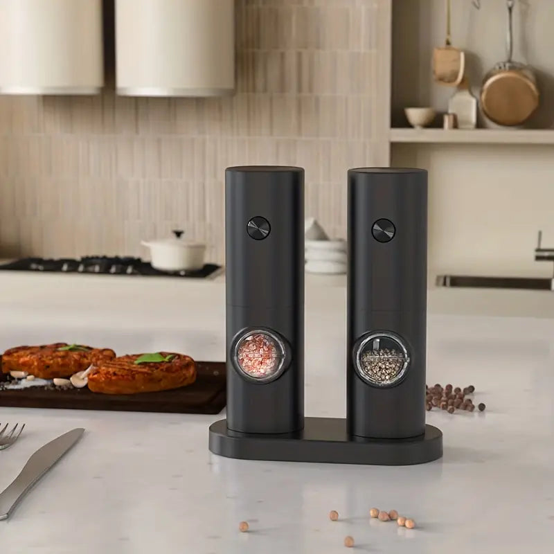 Two compact plastic electric pepper grinder and sea salt mills with one-touch button operation — view 3